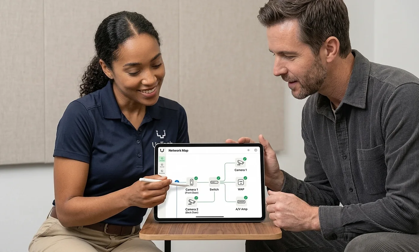 Illustrative image of a technician showing a client their network map on a tablet
