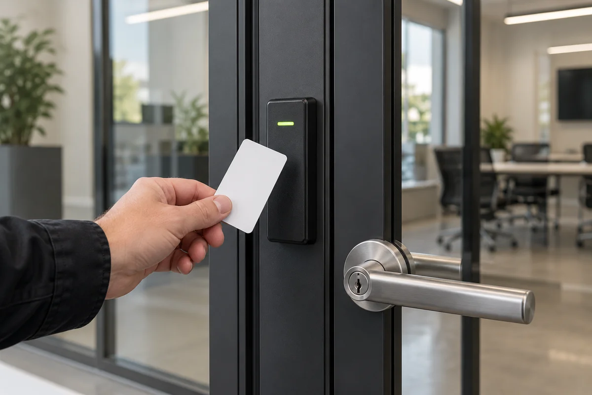 Access card presented to a black contactless reader beside a glass office door