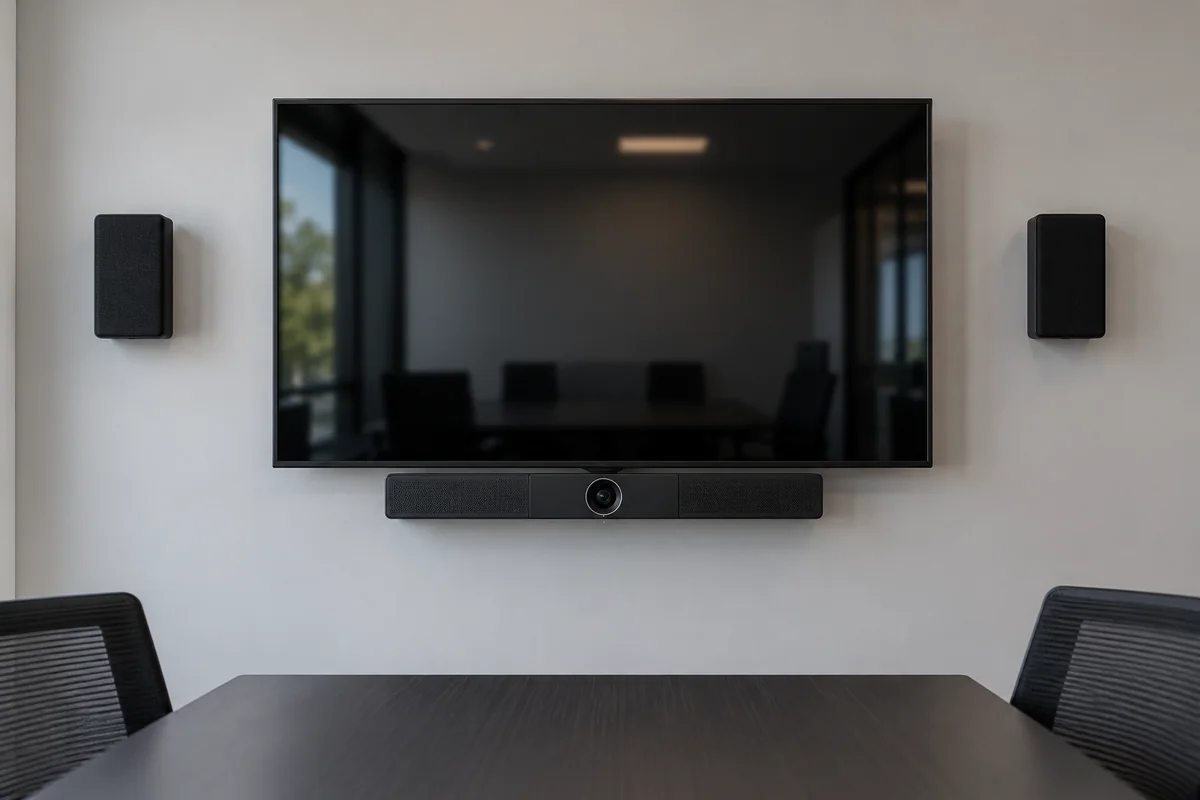 Wall-mounted display, conferencing camera bar, and speakers in a small meeting room