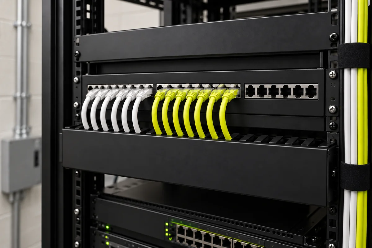 White and yellow-lime Ethernet patch cords routed from a patch panel into a cable manager