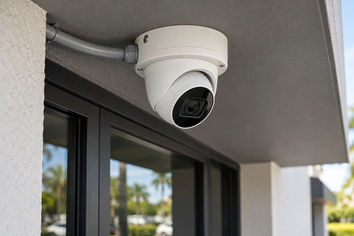 Turret security camera with neatly connected conduit beneath a storefront soffit
