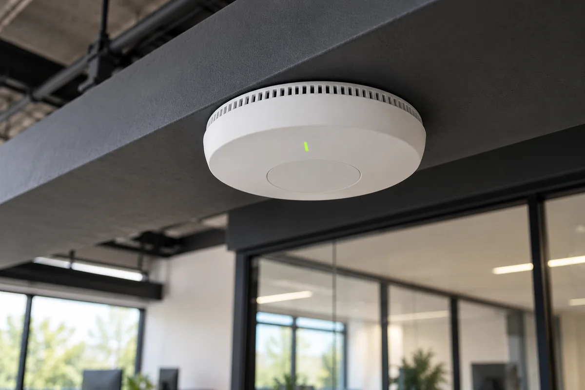 White Wi-Fi access point mounted beneath a charcoal ceiling beam in a small office