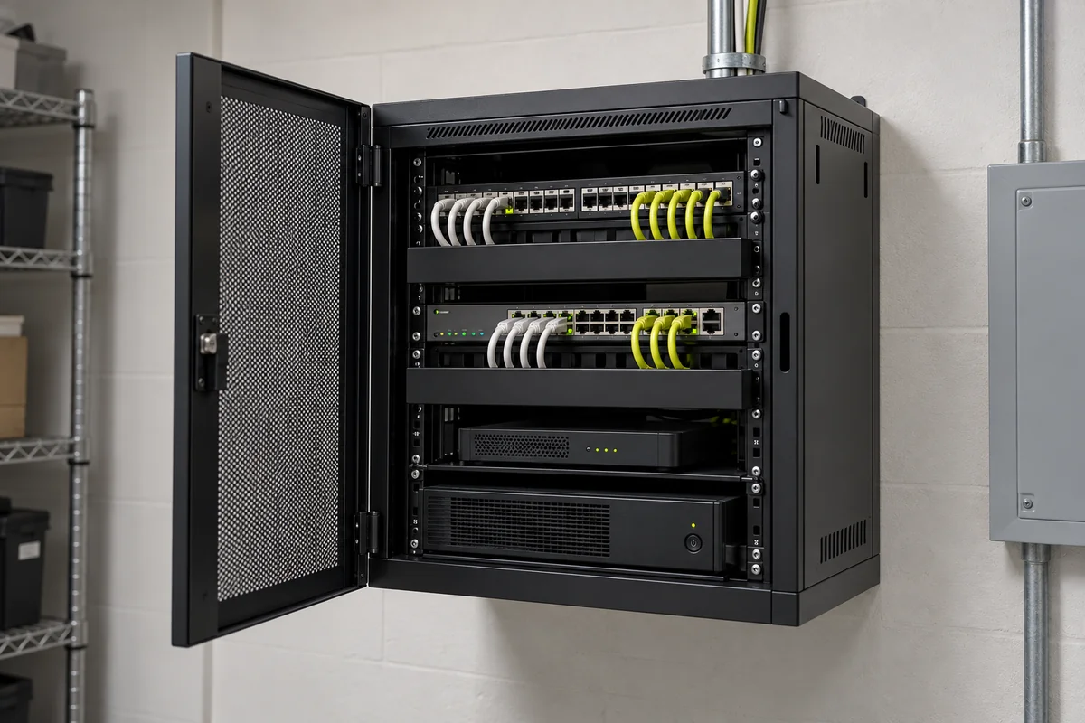 Open wall-mounted network cabinet with switches and organized white and yellow-lime cables